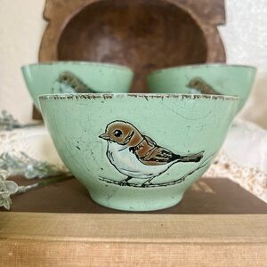 Three Aqua Bird Design Bowls